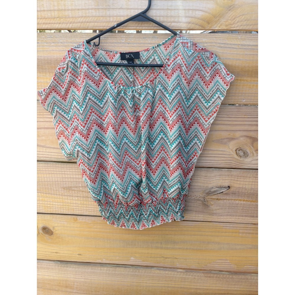 BCX Womens XS Geometric Chevron Smocked Waist Dolman Sleeve Blouse Coral Teal